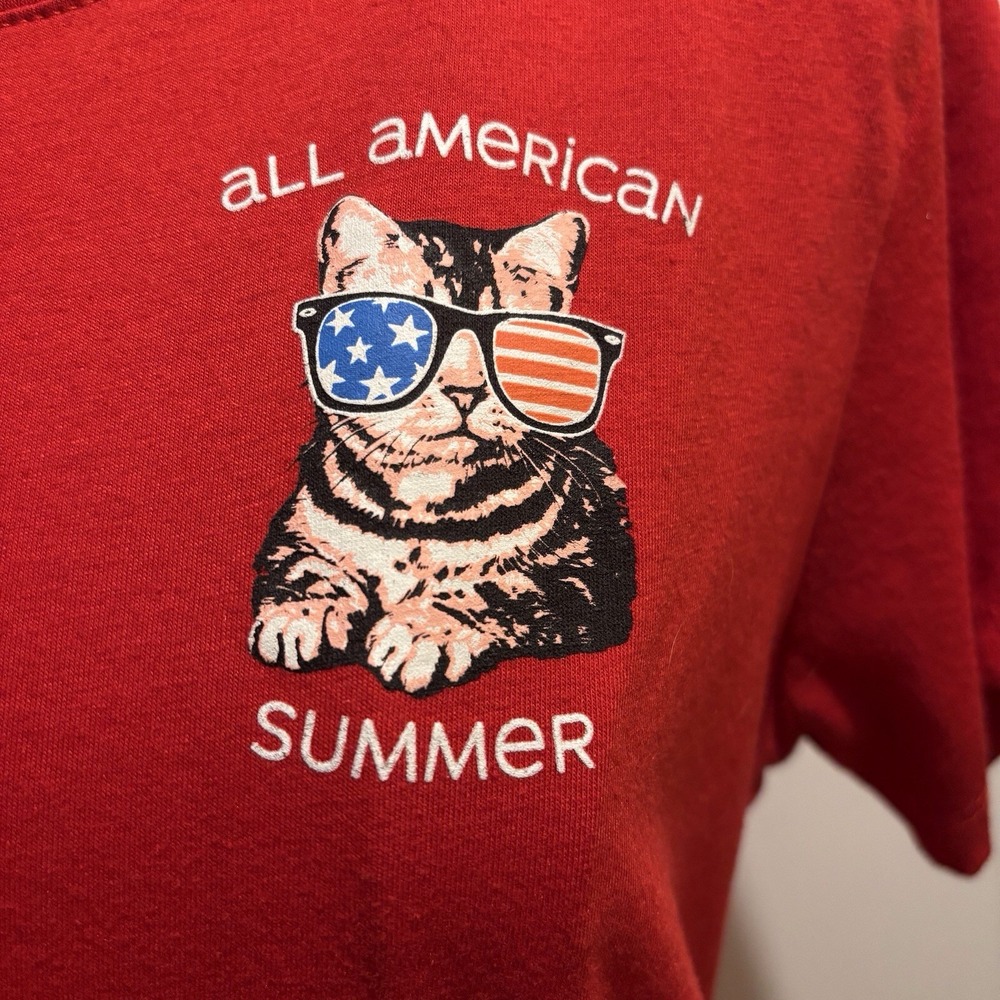 All American Summer Red T Shirt Ladies Medium 34 X 22 Kitten‎ In Glasses